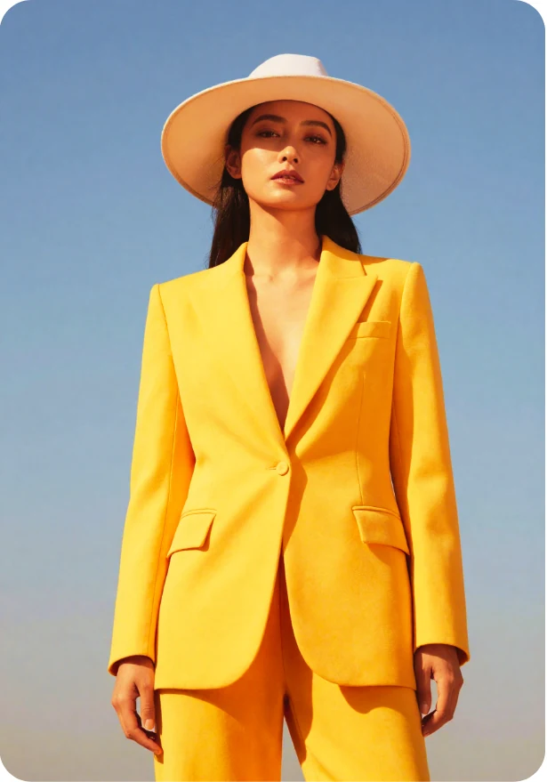 Style inspiration: a woman wearing a vibrant yellow suit and a cream hat against a blue sky